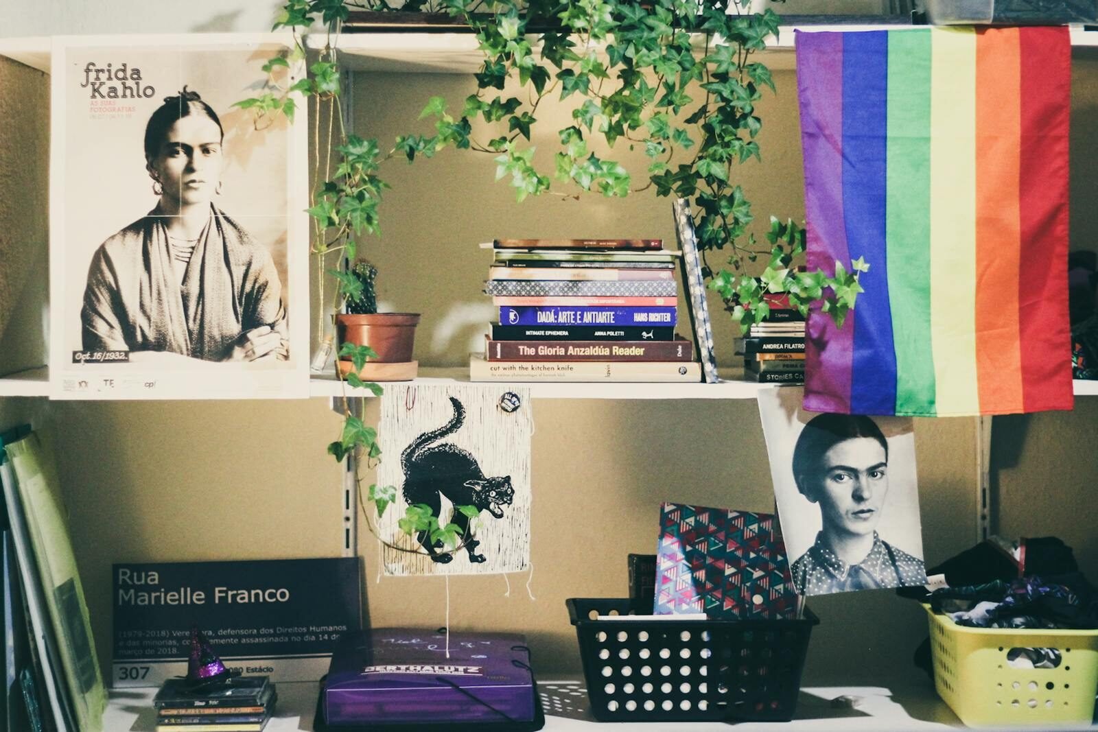 A vibrant bookshelf in Ubatuba, Brazil featuring Frida Kahlo art, books, and a rainbow flag.